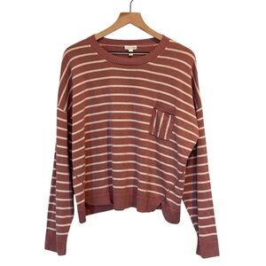 Garnet Hill Pima Cotton Striped Women's Lightweight Sweater,Dusty Pink/Cream, XL